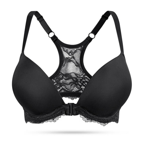 YANDW Push Up Front Closure Plunge Bras for Women Thick Padded Lace Racerback Underwire Bra, Black 36C