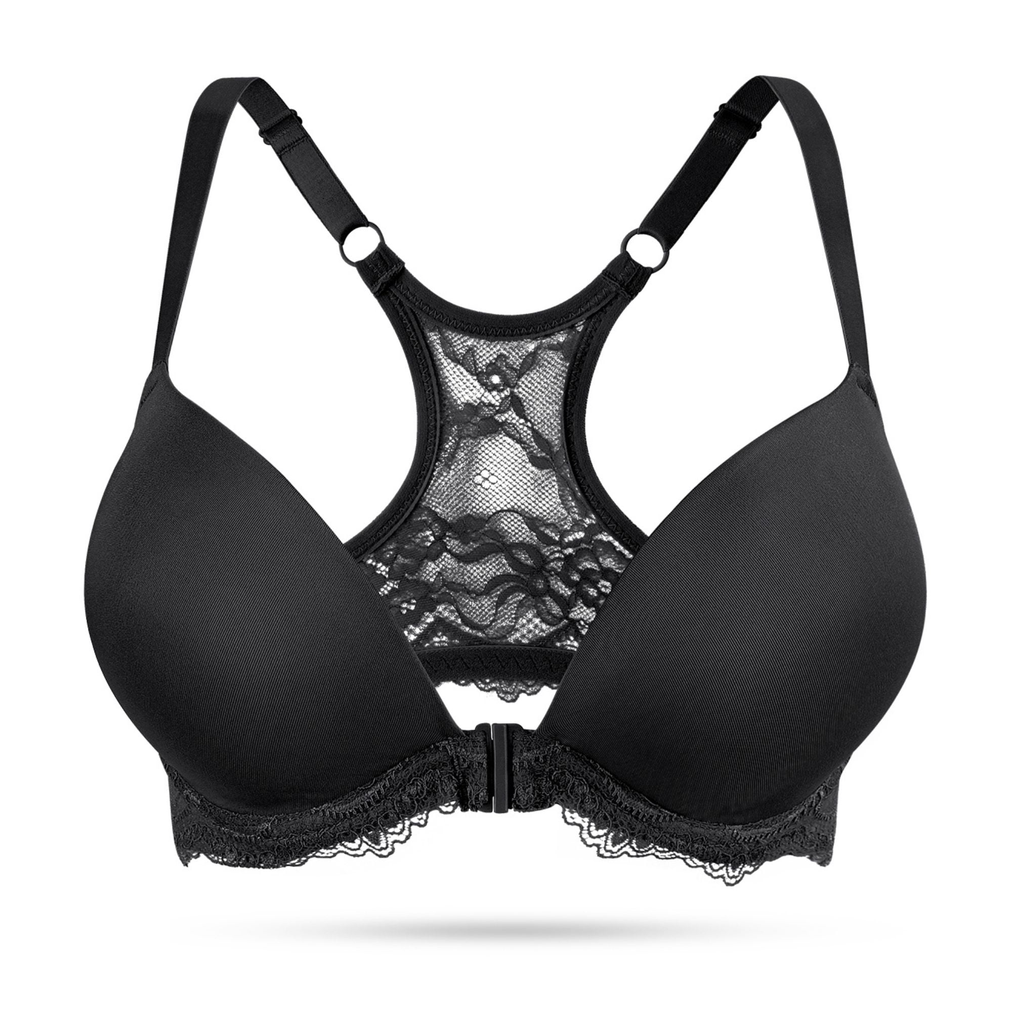 YANDW Push Up Front Closure Plunge Bras for Women Thick Padded Lace Racerback Underwire Bra, Black 36D