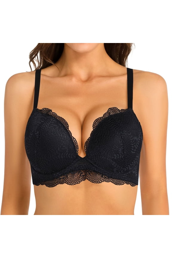 Push Up Lace Bras Comfort Thick Padded Underwire Add One Cup Bra for Women, Black 36C