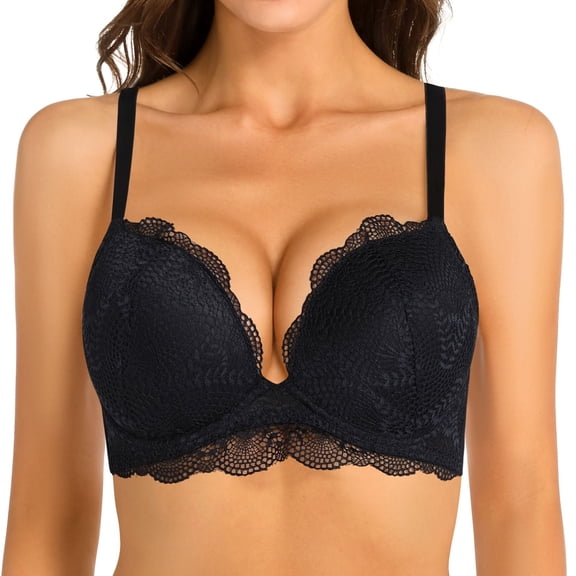 YANDW Push Up Lace Bras Comfort Thick Padded Underwire Add One Cup Bra for Women, Black 36C