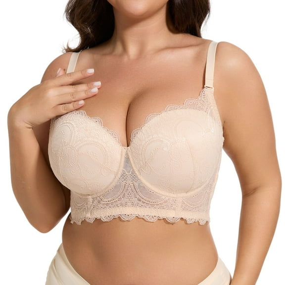 YANDW Push Up Longline Bra Plus Size Underwire Padded Lace Bras for Women, Beige 42DDD