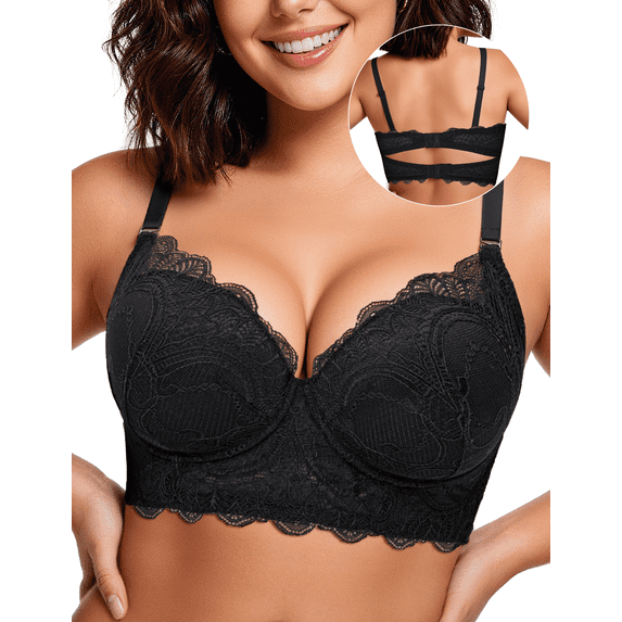 YANDW Push Up Longline Bra Plus Size Underwire Padded Lace Bras for Women, Black 34D
