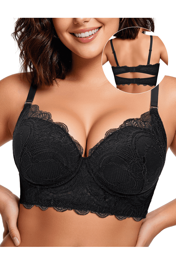Push Up Longline Bra Plus Size Underwire Padded Lace Bras for Women, Black 38DD
