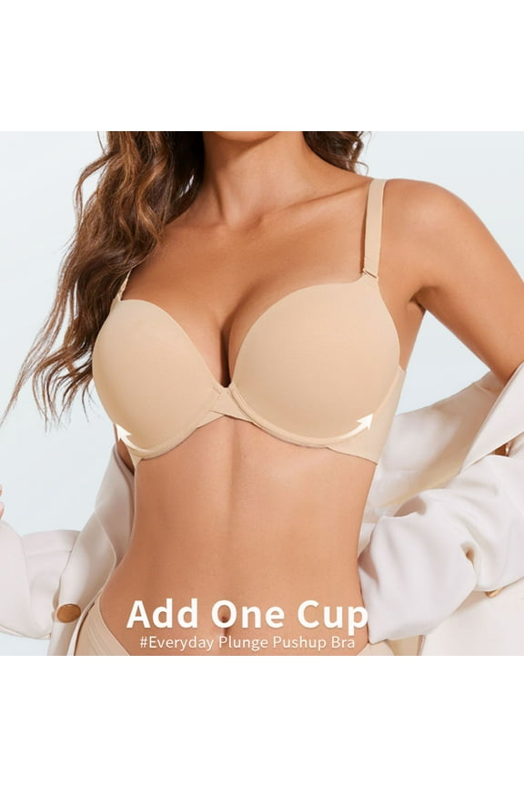 Push Up Padded Bra for Women Plunge Underwire T-Shirt Bras Add Cup, Beige 36DDD