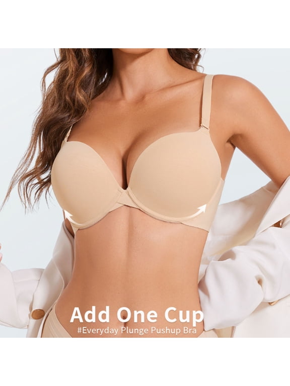 Push Up Padded Bra for Women Plunge Underwire T-Shirt Bras Add Cup, Beige 44B