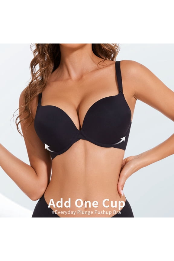 Push Up Padded Bra for Women Plunge Underwire T-Shirt Bras Add Cup, Black 38D