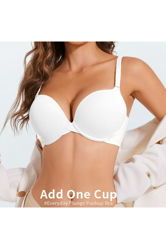 Push Up Padded Bra for Women Plunge Underwire T-Shirt Bras Add Cup, White 36A