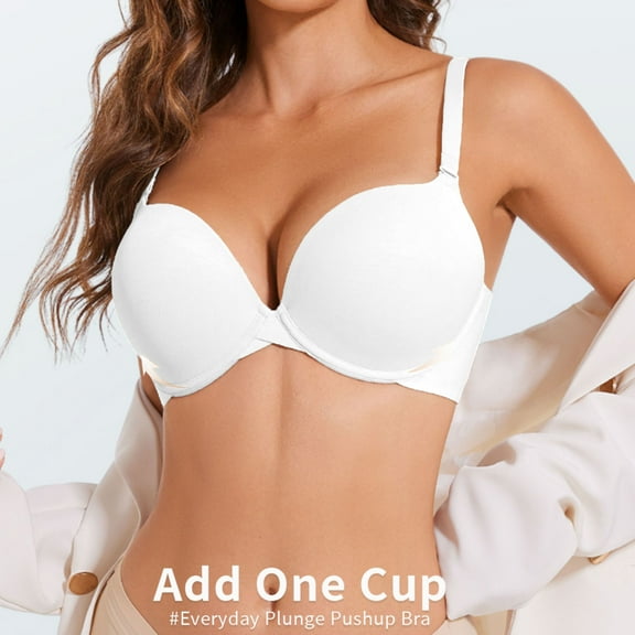 YANDW Push Up Padded Bra for Women Plunge Underwire T-Shirt Bras Add Cup, White 42C