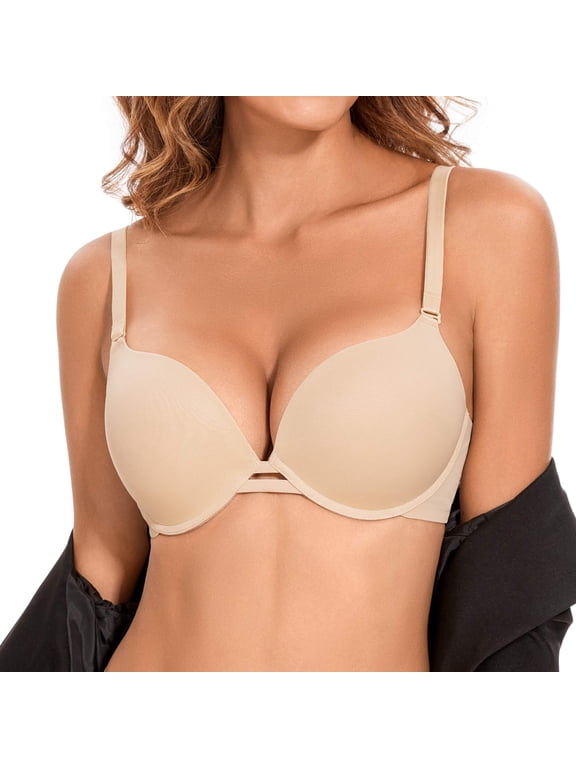 Push-up Padded Bra for Women Plunge Underwire T-Shirt Bra Multiway Add 2 Cups, Beige 36B