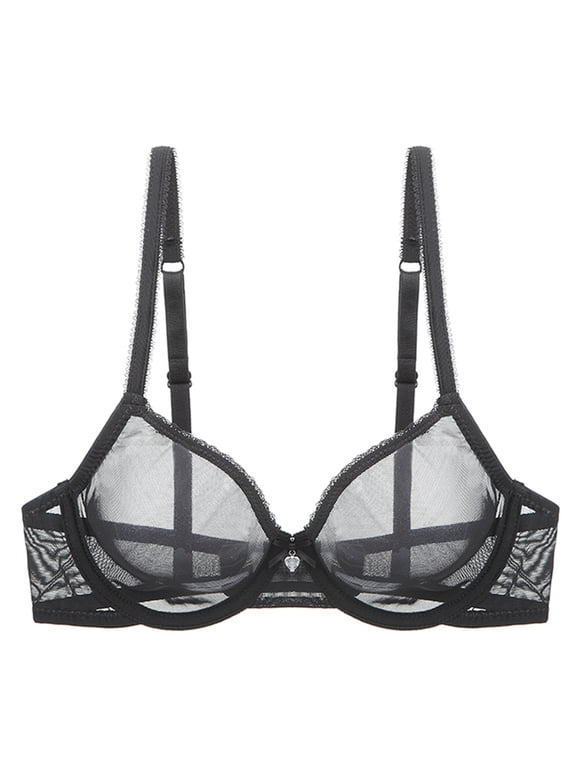 Sheer See Through Bras Unlined Underwire Lace Mesh Non Padded Plus Sizes Bralette 42E, Black