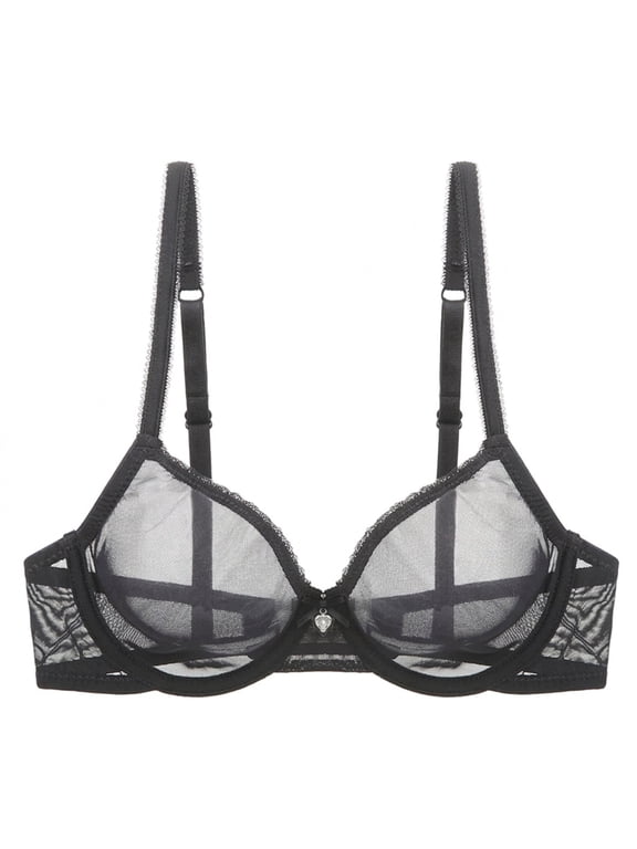 Sheer See Through Bras Unlined Underwire Lace Mesh Non Padded Plus Sizes Bralette 44C, Black