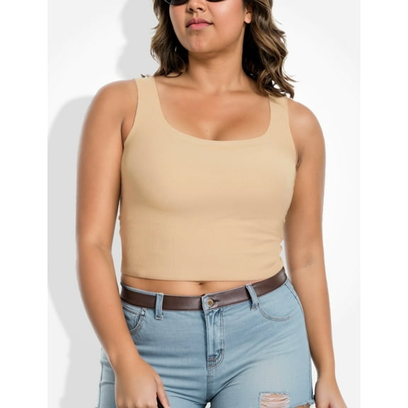 YANDW Square Neck Tank Top Sleeveless Yoga Workout Cami Crop Tops for Women Beige,S