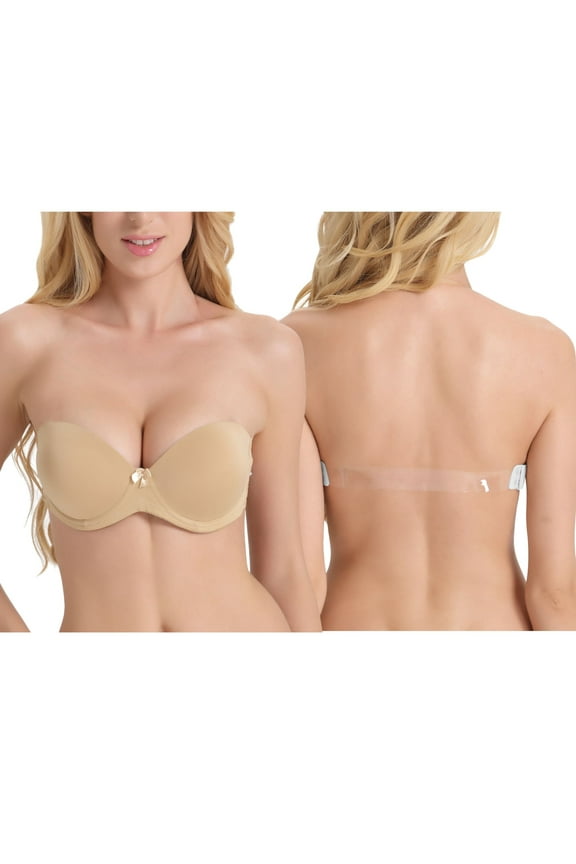Strapless Bra for Women Clear Back Convertible Padded Multiway Bras with Underwire, Beige 32A