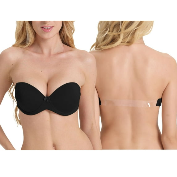 YANDW Strapless Bra for Women Clear Back Convertible Padded Multiway Bras with Underwire, Black 36C