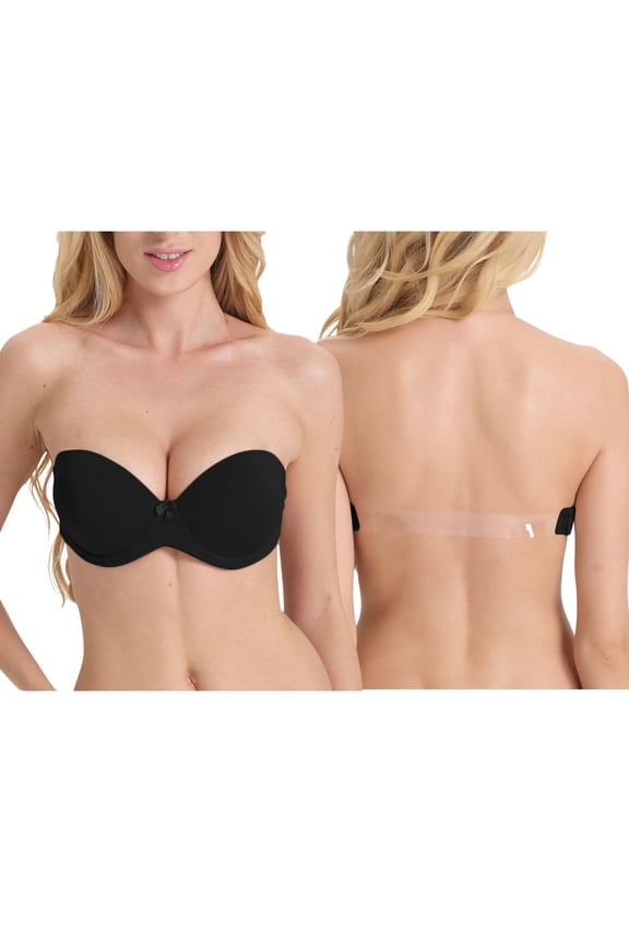Strapless Bra for Women Clear Back Convertible Padded Multiway Bras with Underwire, Black 38C