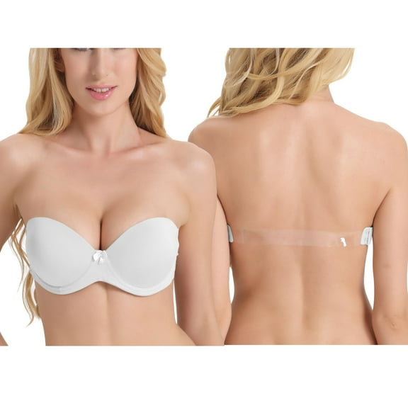 YANDW Strapless Bra for Women Clear Back Convertible Padded Multiway Bras with Underwire, White 32B