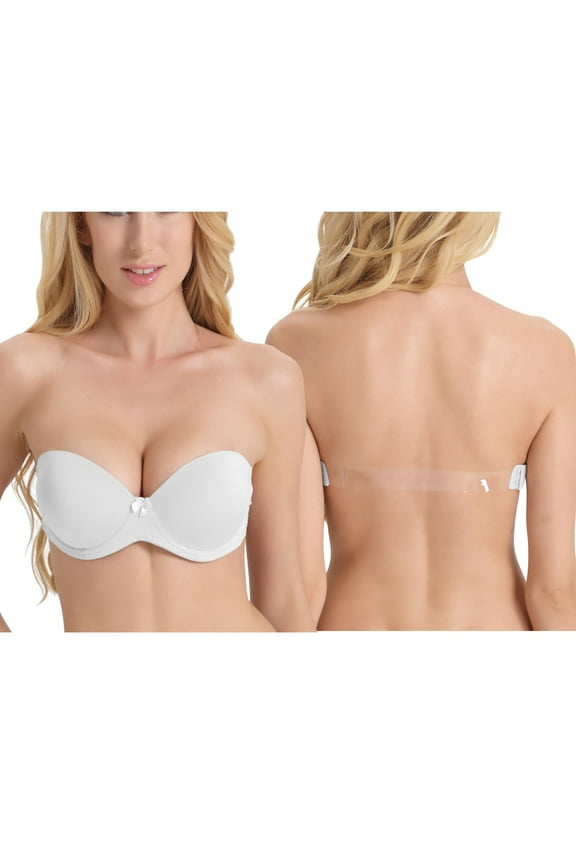 Strapless Bra for Women Clear Back Convertible Padded Multiway Bras with Underwire, White 40C