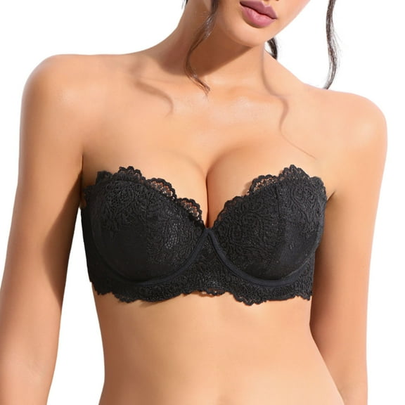YANDW Strapless Push Up Bra Lace Underwire Thick Padded Multiway Bra for Women, Black 40B