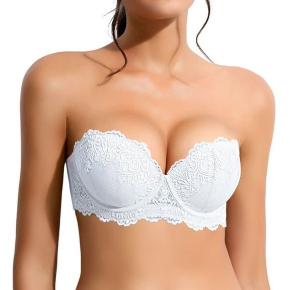 YANDW Strapless Push Up Bra Lace Underwire Thick Padded Multiway Bra for Women, White 32C