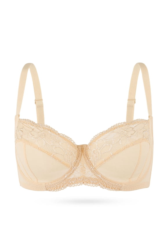 Plus Size Unlined Balconette Bra Lace Demi Bralettes Underwire Bras for Women, Beige 34C