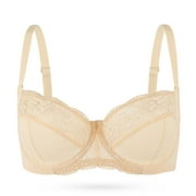 YANDW Plus Size Unlined Balconette Bra Lace Demi Bralettes Underwire Bras for Women, Beige 36B