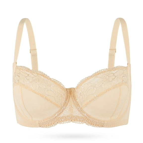 YANDW Plus Size Unlined Balconette Bra Lace Demi Bralettes Underwire Bras for Women, Beige 36B