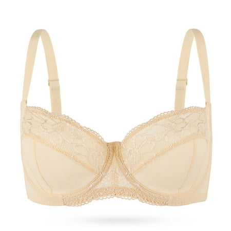 YANDW Plus Size Unlined Balconette Bra Lace Demi Bralettes Underwire Bras for Women, Beige 36F/DDD