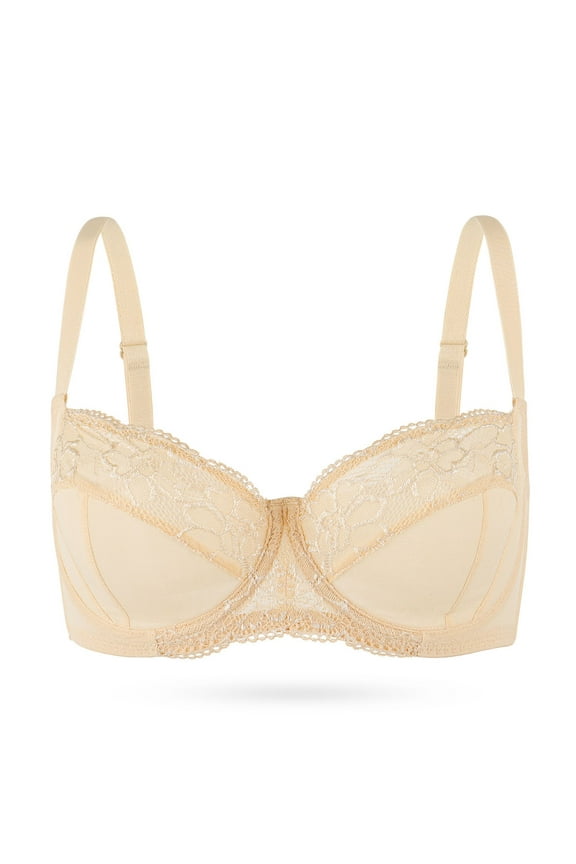 Plus Size Unlined Balconette Bra Lace Demi Bralettes Underwire Bras for Women, Beige 46D