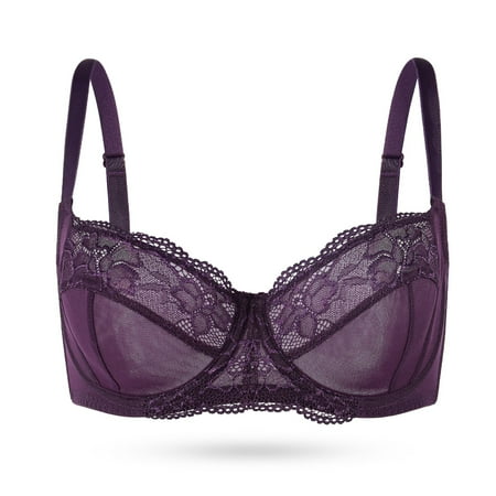 YANDW Plus Size Unlined Balconette Bra Lace Demi Bralettes Underwire Bras for Women, Purple 42F/DDD