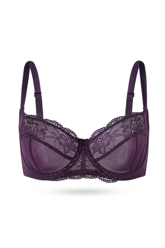 Plus Size Unlined Balconette Bra Lace Demi Bralettes Underwire Bras for Women, Purple 42F/DDD