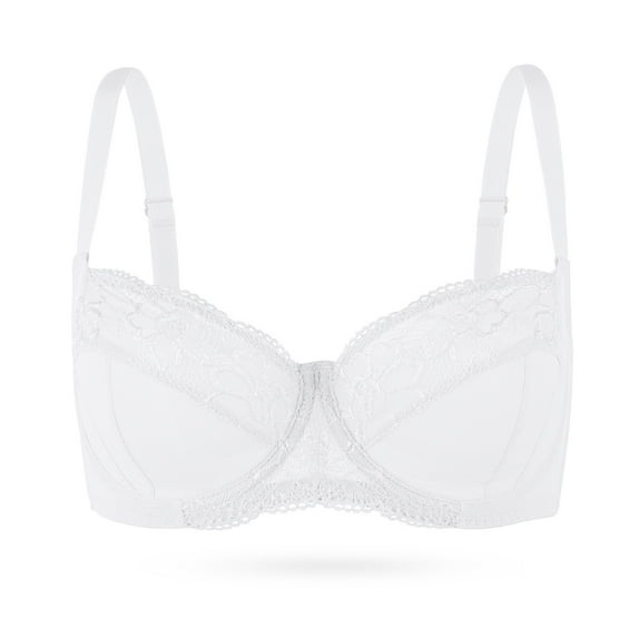 YANDW Plus Size Unlined Balconette Bra Lace Demi Bralettes Underwire Bras for Women, White 36D