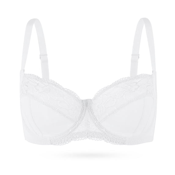 YANDW Plus Size Unlined Balconette Bra Lace Demi Bralettes Underwire Bras for Women, White 42C