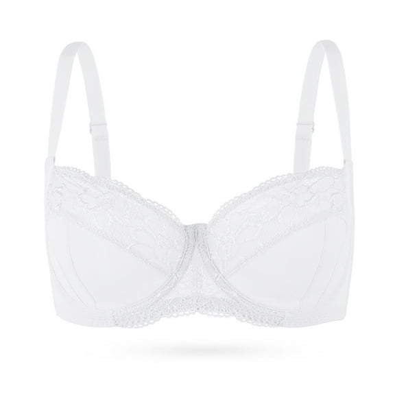YANDW Plus Size Unlined Balconette Bra Lace Demi Bralettes Underwire Bras for Women, White 46F/DDD