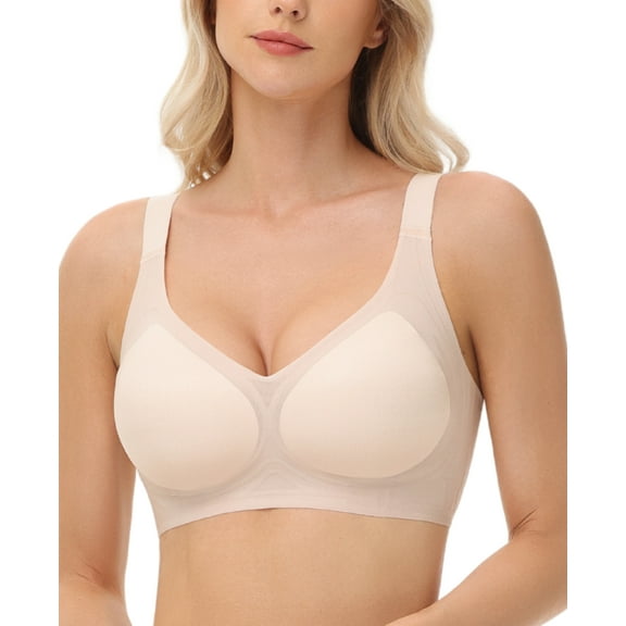 YANDW Wireless Everyday Bra No Underwire Comfort Full Coverage Bras for Women, Beige L