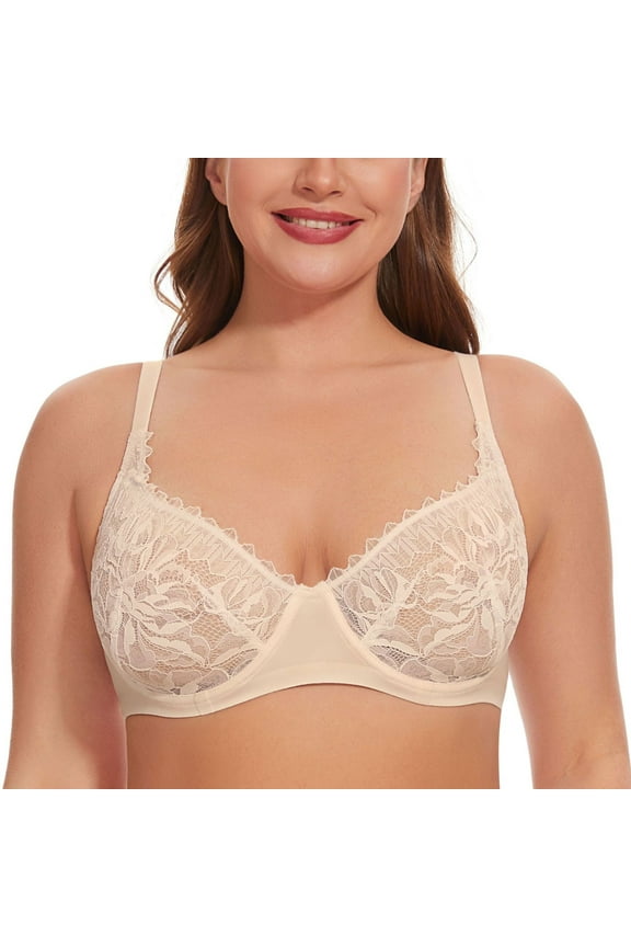 Women Minimizer Mesh Unlined Bras Plus Size Sexy Lace Full Coverage Bra Underwire No Padded, Beige 38D