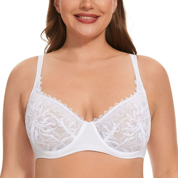 YANDW Women Minimizer Mesh Unlined Bras Plus Size Sexy Lace Full Coverage Bra Underwire No Padded, White 36D