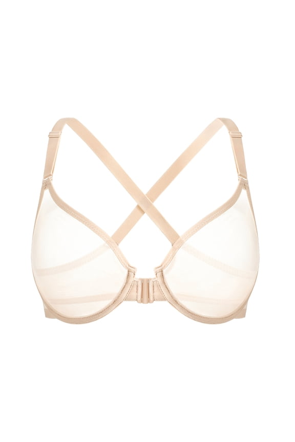 Women's Front Closure Sheer Mesh Bra Racerback See Through Unlined Plus Size Bralette Underwire, Beige 34C