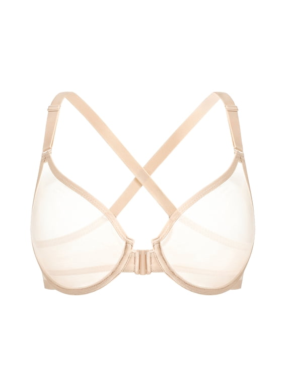 Women's Front Closure Sheer Mesh Bra Racerback See Through Unlined Plus Size Bralette Underwire, Beige 36B