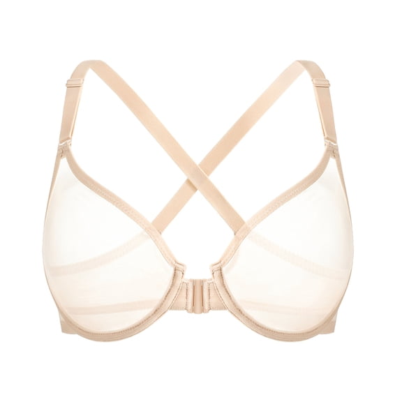 YANDW Women's Front Closure Sheer Mesh Bra Racerback See Through Unlined Plus Size Bralette Underwire, Beige 40D