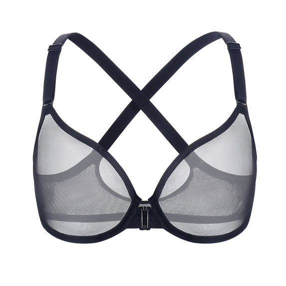 YANDW Women's Front Closure Sheer Mesh Bra Racerback See Through Unlined Plus Size Bralette Underwire, Black 34D