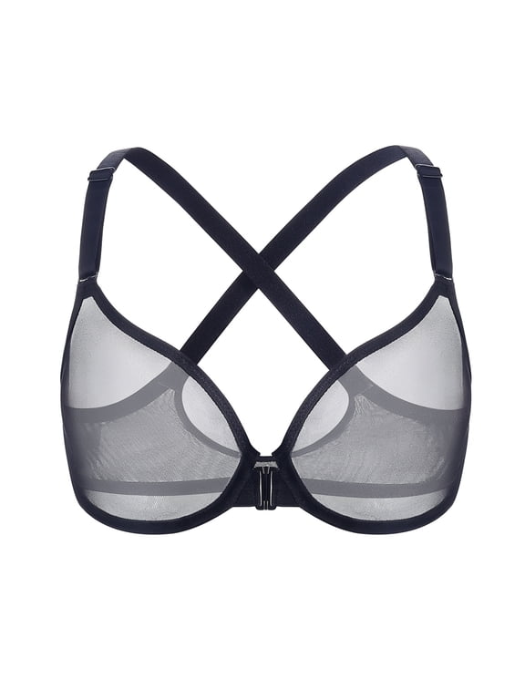 Women's Front Closure Sheer Mesh Bra Racerback See Through Unlined Plus Size Bralette Underwire, Black 34D