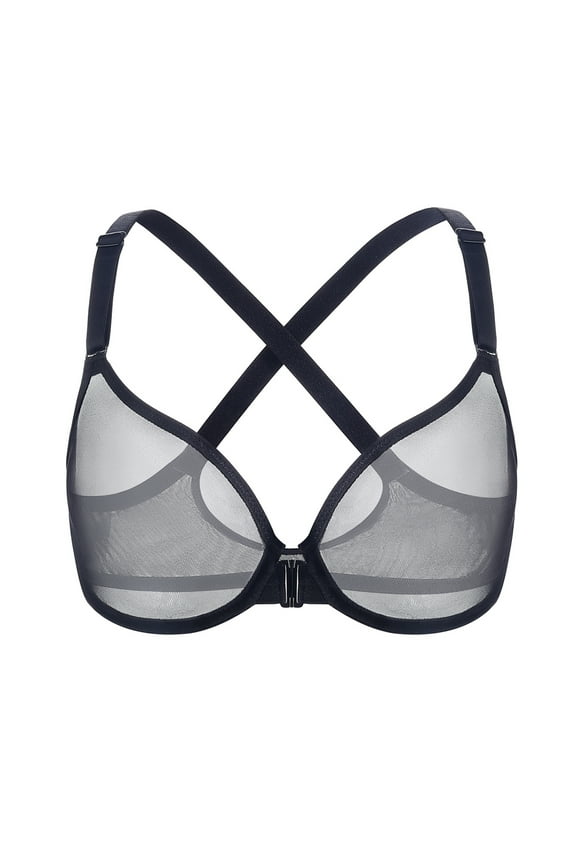 Women's Front Closure Sheer Mesh Bra Racerback See Through Unlined Plus Size Bralette Underwire, Black 34DDD