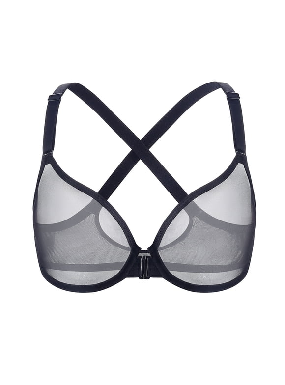 Women's Front Closure Sheer Mesh Bra Racerback See Through Unlined Plus Size Bralette Underwire, Black 38C
