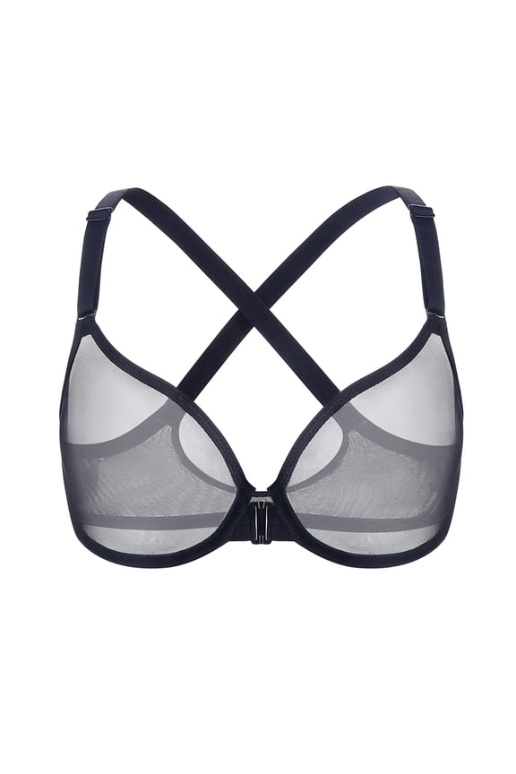 Women's Front Closure Sheer Mesh Bra Racerback See Through Unlined Plus Size Bralette Underwire, Black 40DD