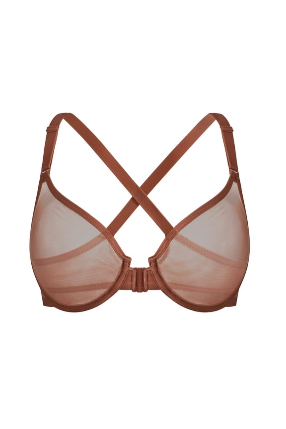 Women's Front Closure Sheer Mesh Bra Racerback See Through Unlined Plus Size Bralette Underwire, Brown 36DD