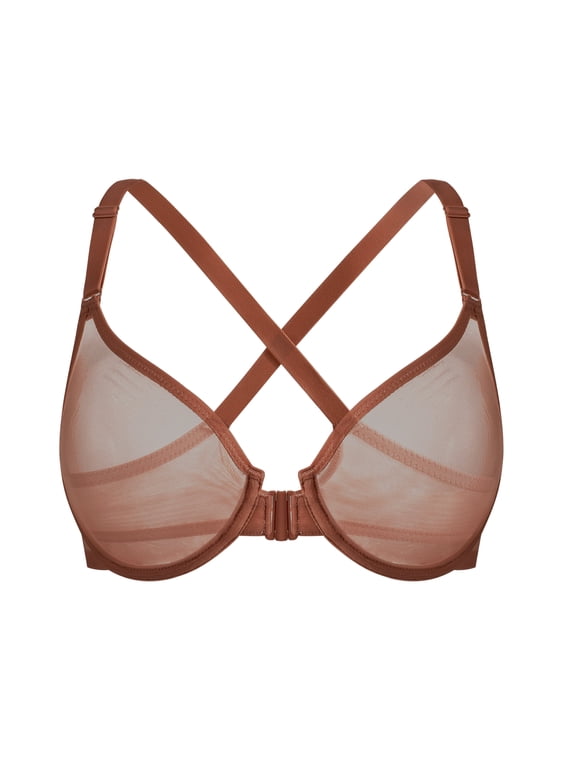 Women's Front Closure Sheer Mesh Bra Racerback See Through Unlined Plus Size Bralette Underwire, Brown 38DD