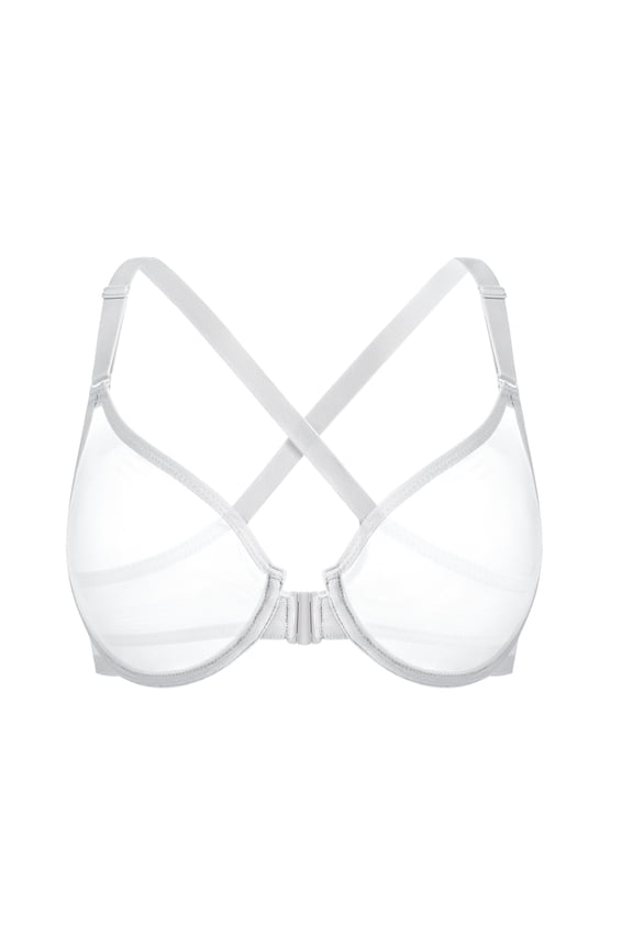 Women's Front Closure Sheer Mesh Bra Racerback See Through Unlined Plus Size Bralette Underwire, White 34DDD