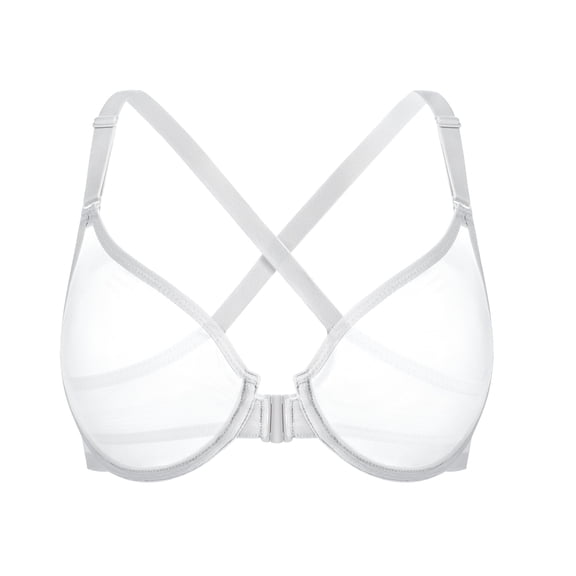 YANDW Women's Front Closure Sheer Mesh Bra Racerback See Through Unlined Plus Size Bralette Underwire, White 38C