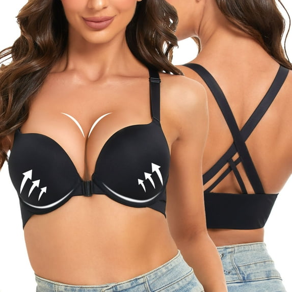 YANDW Women's Push Up Bra Racerback Front Closure Criss-Cross Padded T-Shirt Bras Underwire Plunge Add Cup, Black 36D