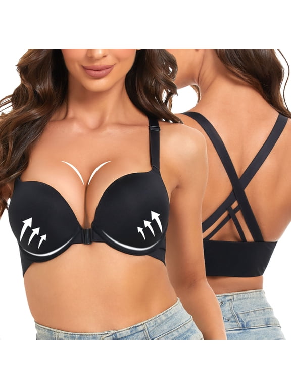 Women's Push Up Bra Racerback Front Closure Criss-Cross Padded T-Shirt Bras Underwire Plunge Add Cup, Black 38D